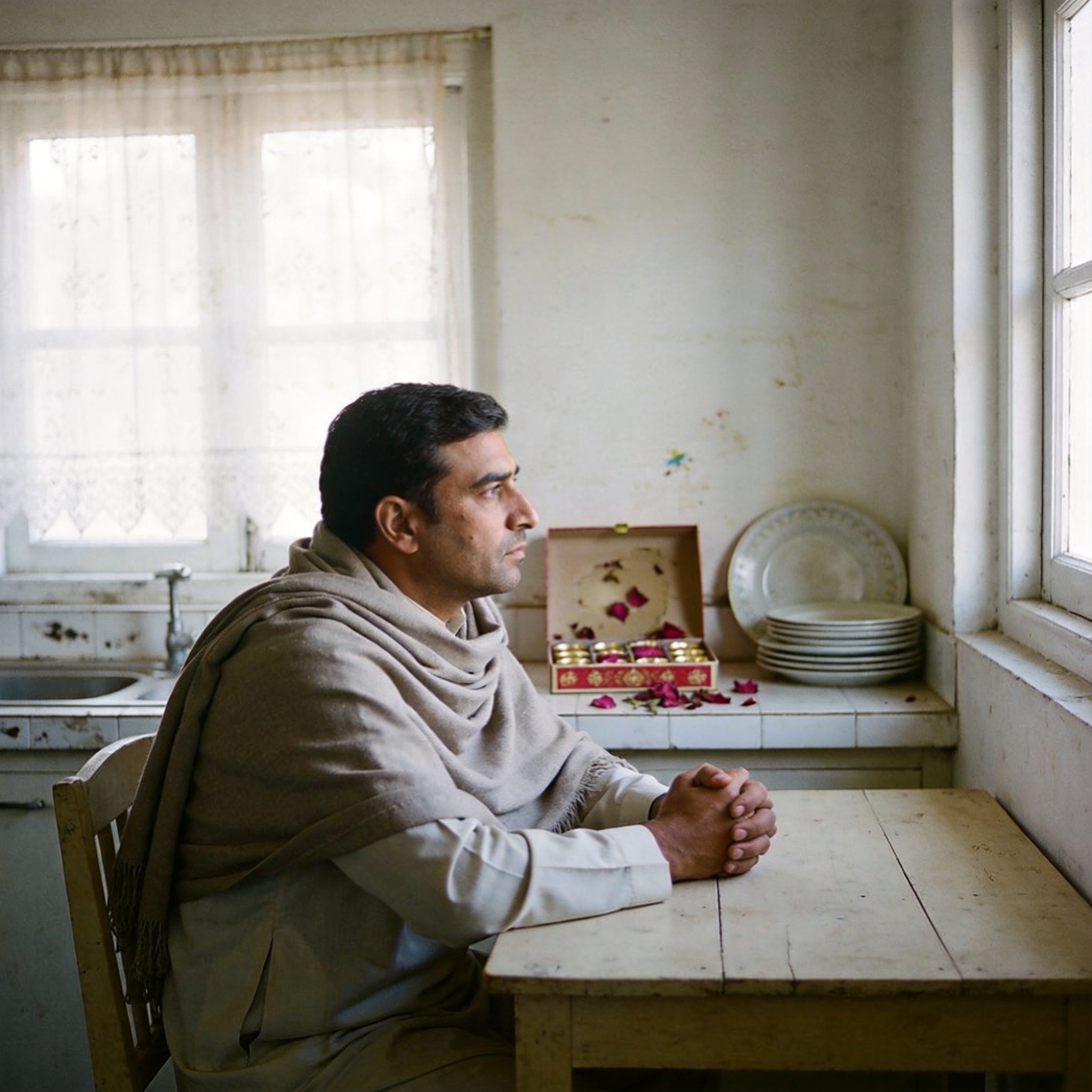 A father sits at his empty kitchen table the morning after Eid, hands clasped, looking out the window