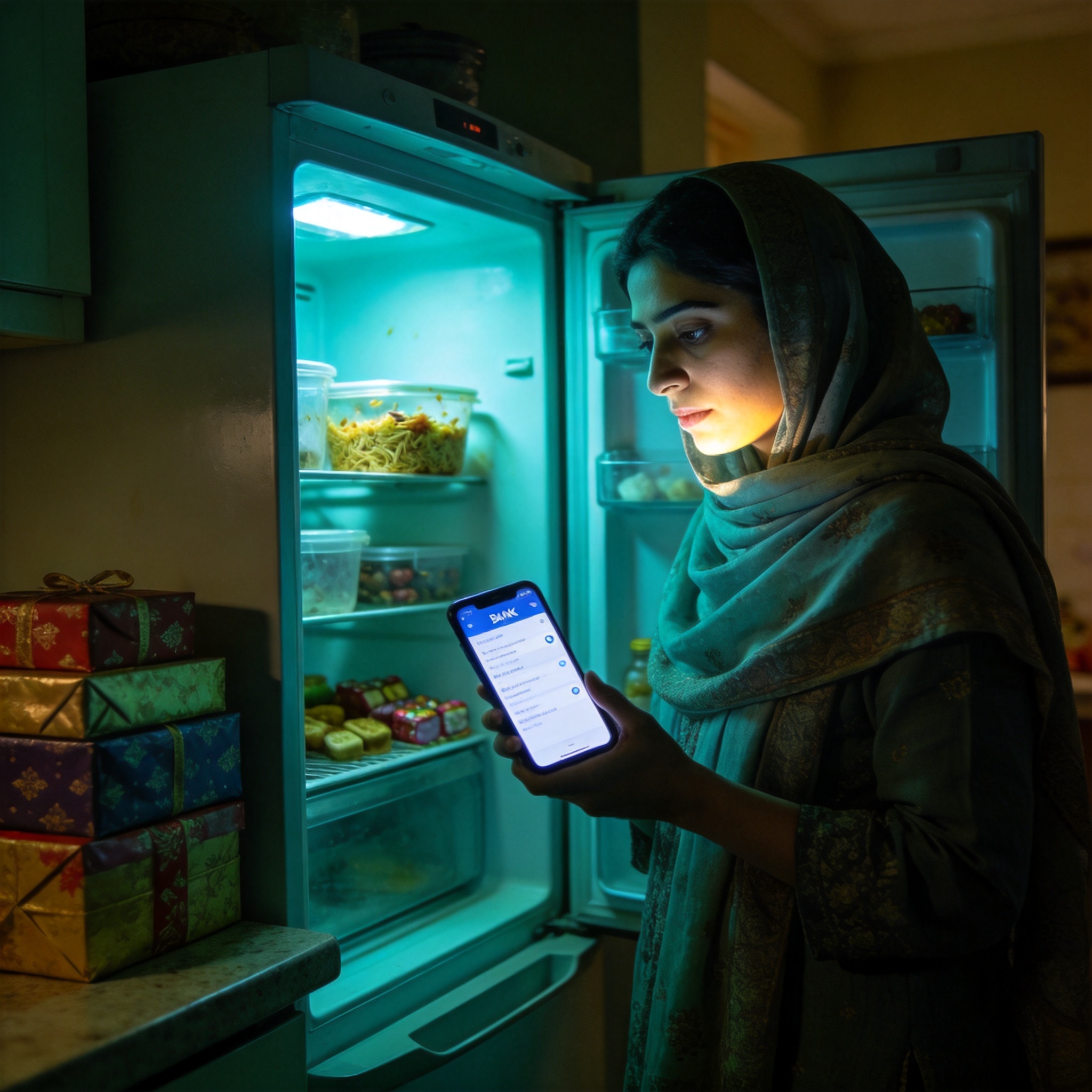A woman opens the fridge to leftovers while holding her phone showing a bank SMS