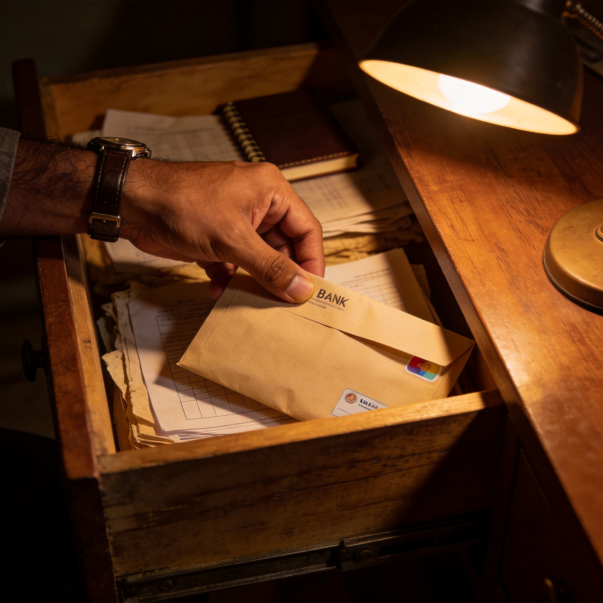 A hand quietly slides an envelope into the back of a wooden desk drawer